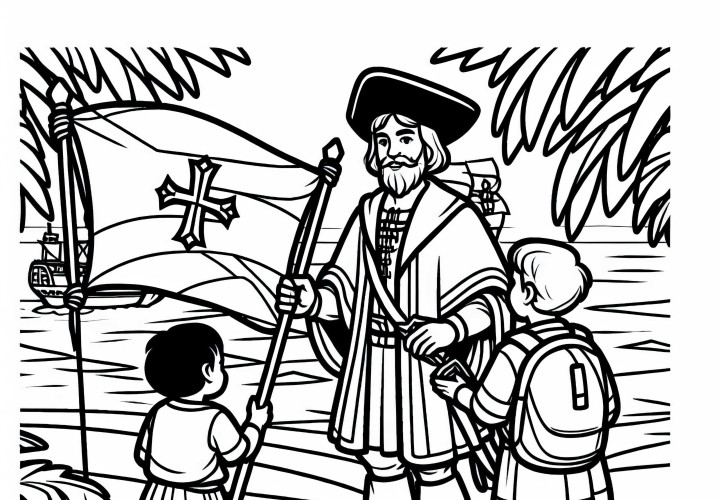 Columbus shows children the flag - Coloring page for the discovery of America for free