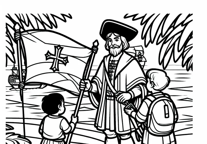 Колумб показывает детям флаг – бесплатная раскраска к открытию Америки