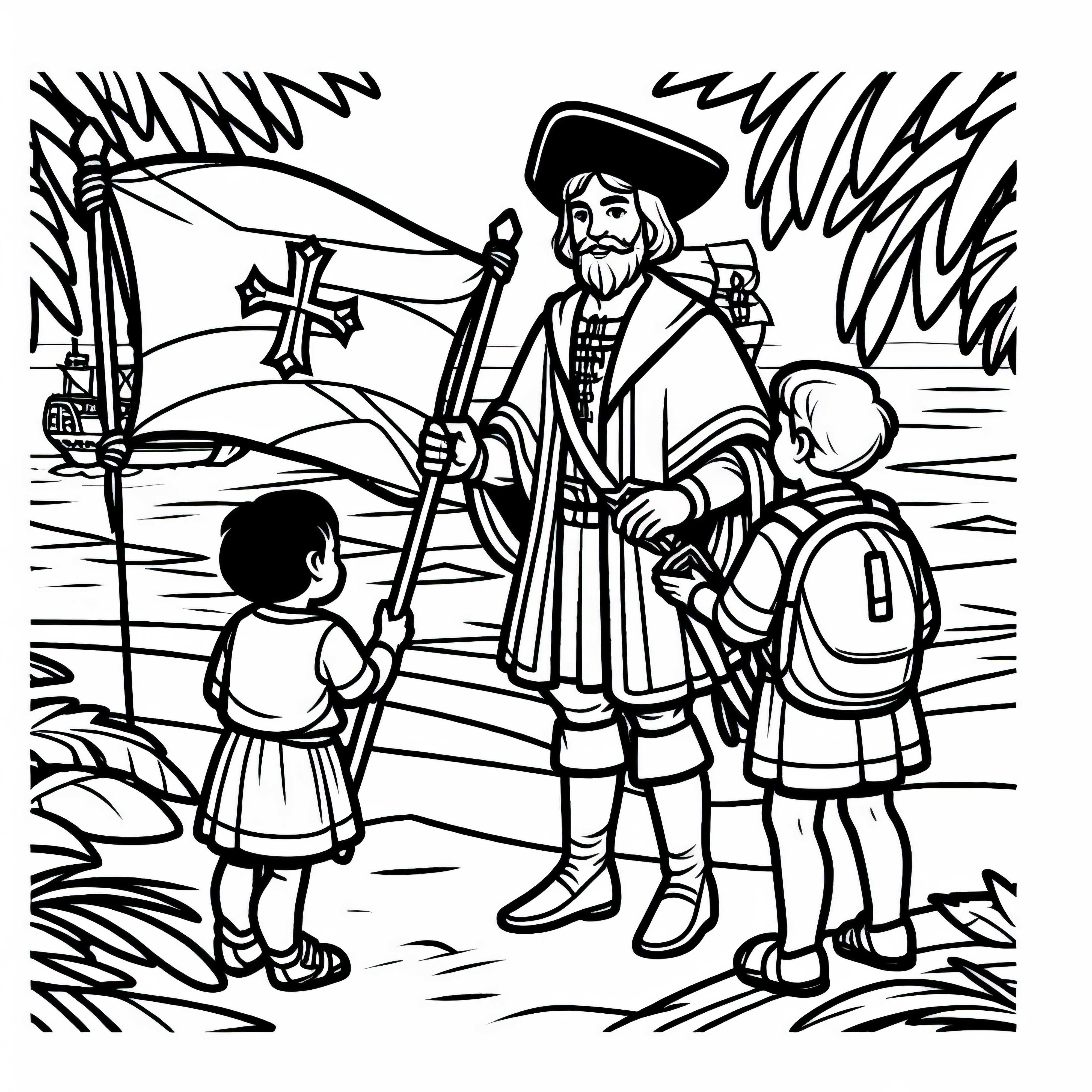 Columbus shows children the flag – Coloring page for the discovery of America for free Columbus shows children the flag – Coloring page for the discovery of America free of charge