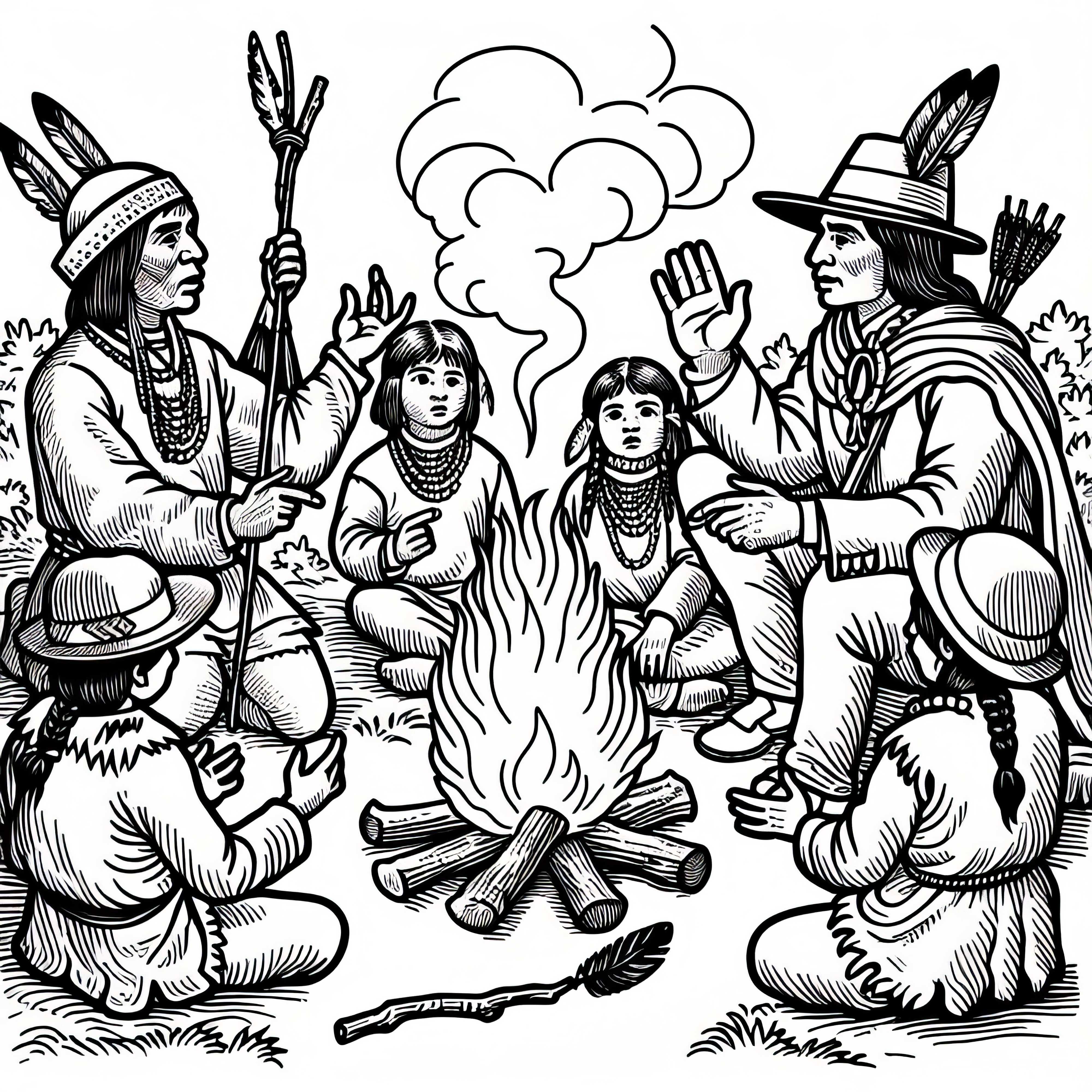 Campfire with Indigenous People Coloring Page Discovery of America Free Campfire with Native Americans coloring page Discovering America free