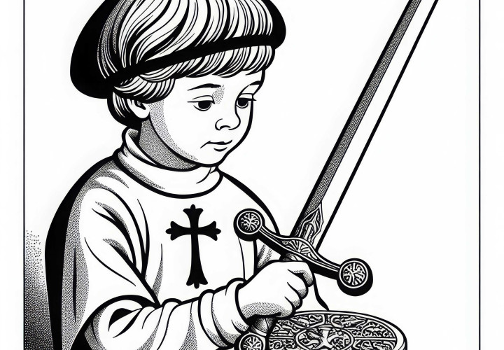 Dreng bærer og leger med sværd – Malerblad korstoge gratis