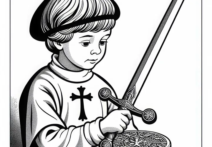 Мальчик носит и играет с мечом из палки – Бесплатный раскраска Крестовые походы