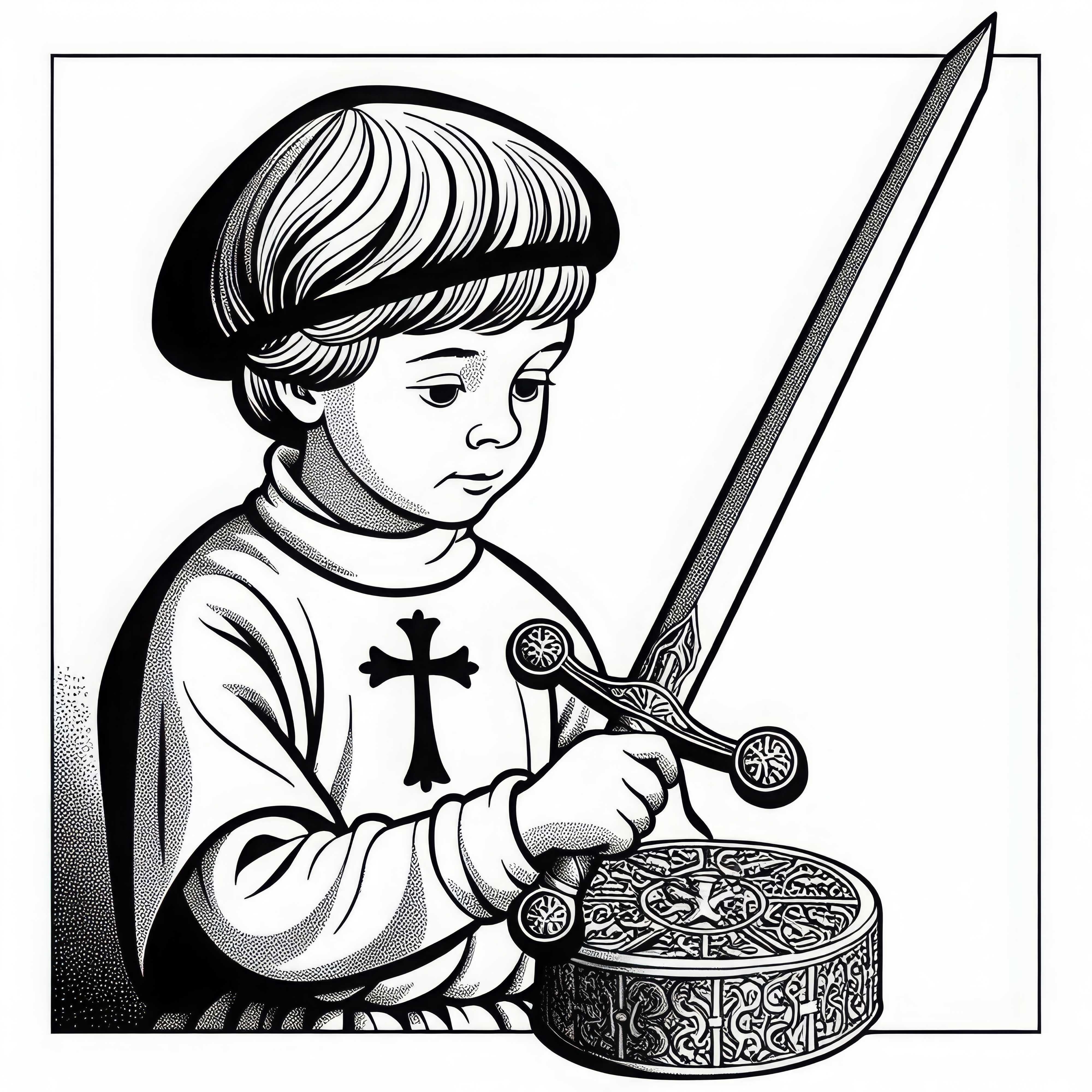 Dreng bærer og leger med stavsværd – Mal erygør gratis Dreng bærer og leger med sværd lavet af stokke – Malingsskabelon Korsfarerne gratis