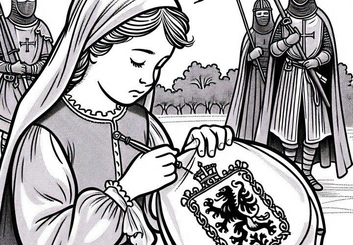 Pige broderer våben på klud – Malebillede korstog gratis