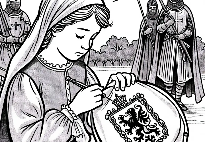 Девочка вышивает герб на ткани – бесплатная раскраска крестовых походов