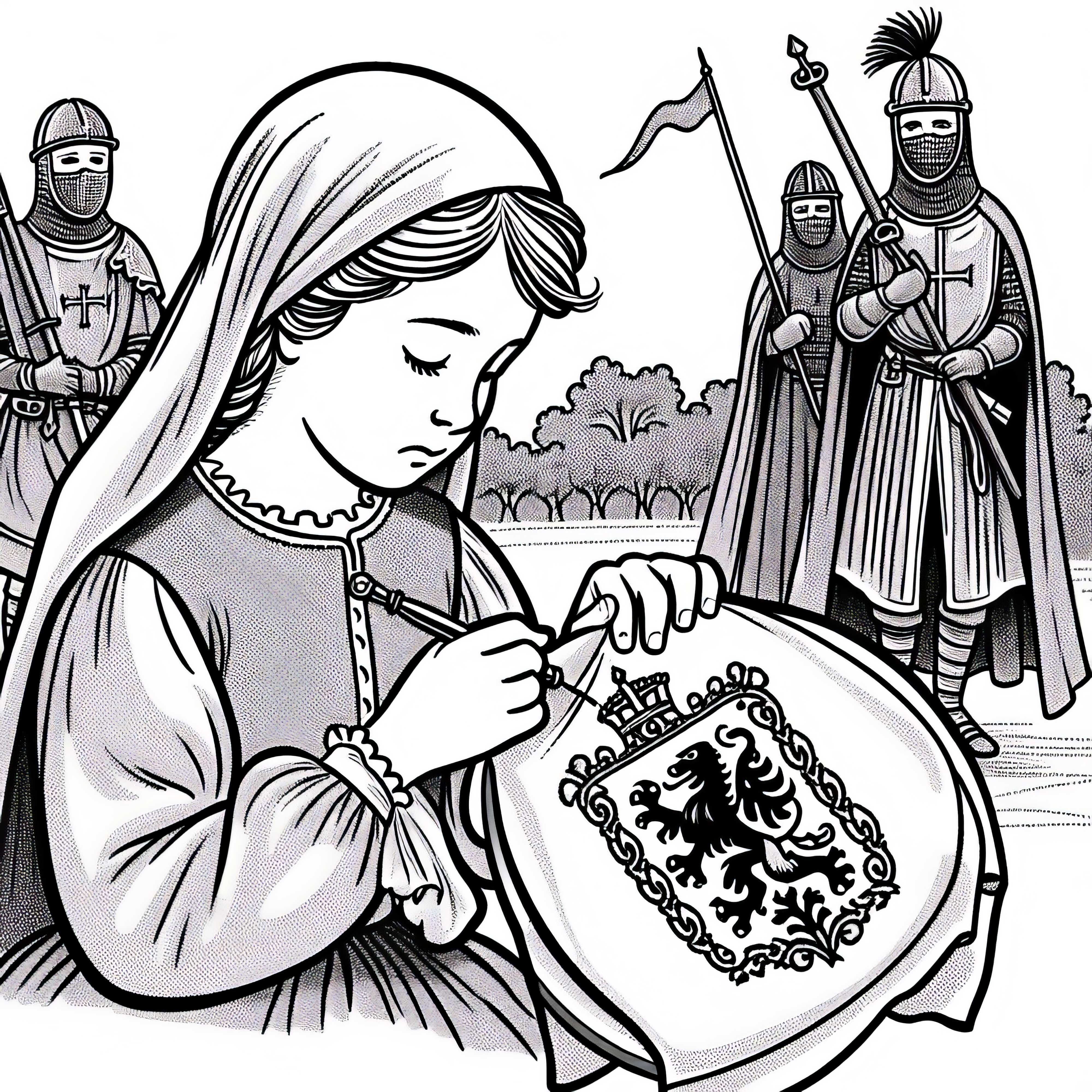 Pige broderer våbenskjold på klud - Malebillede Korstog gratis Pige broderer våbenskjold på klæde – Malebillede Korstogene gratis