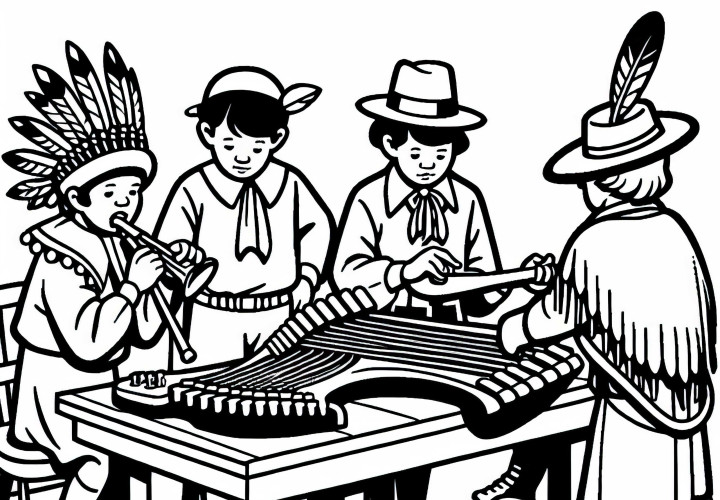 Children marvel at the strange musical instruments of the indigenous population – Coloring page discovering America for free