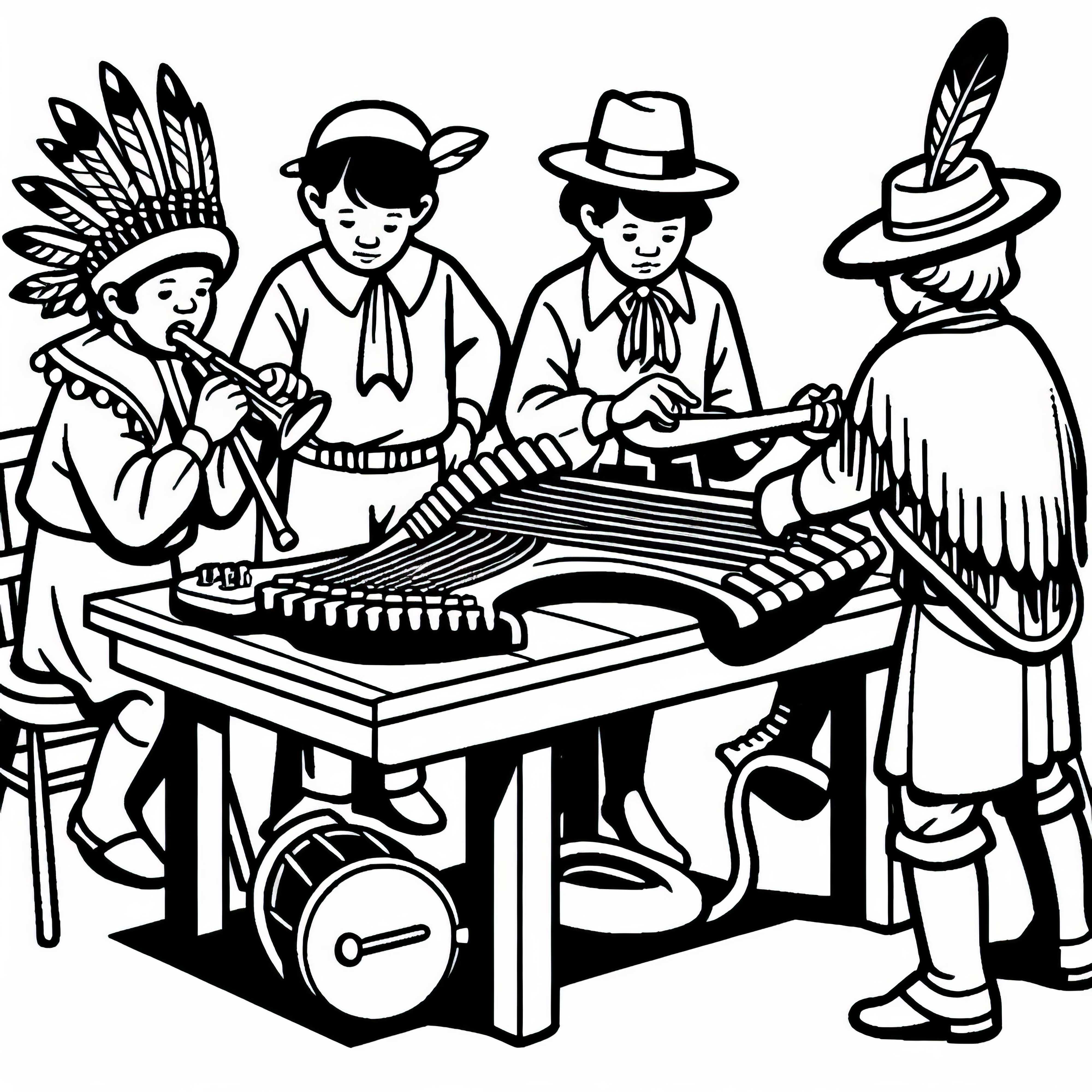 Children marvel at the strange musical instruments of the indigenous people - coloring page Discovering America for free Children marvel at the strange musical instruments of the indigenous people – Free coloring page of the Discovery of America