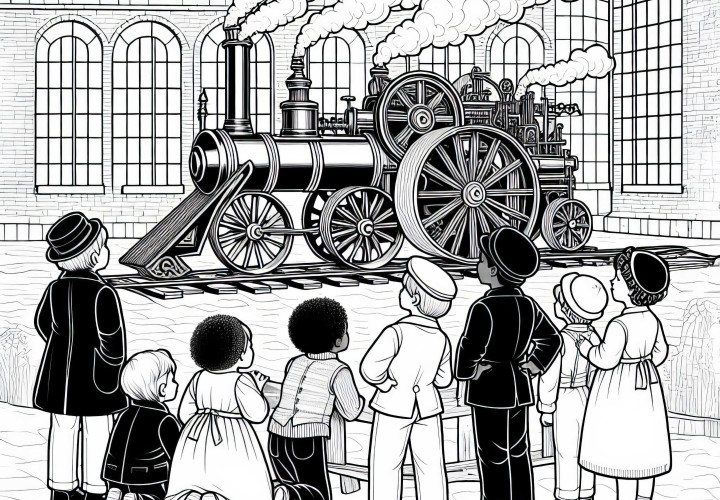 Barn observerer en dampdrevet maskin med store hjul: Gratis fargeleggingsbilde Industriell revolusjon