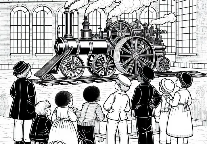 Дети наблюдают за паровой машиной с большими колесами: Бесплатная раскраска Промышленная революция