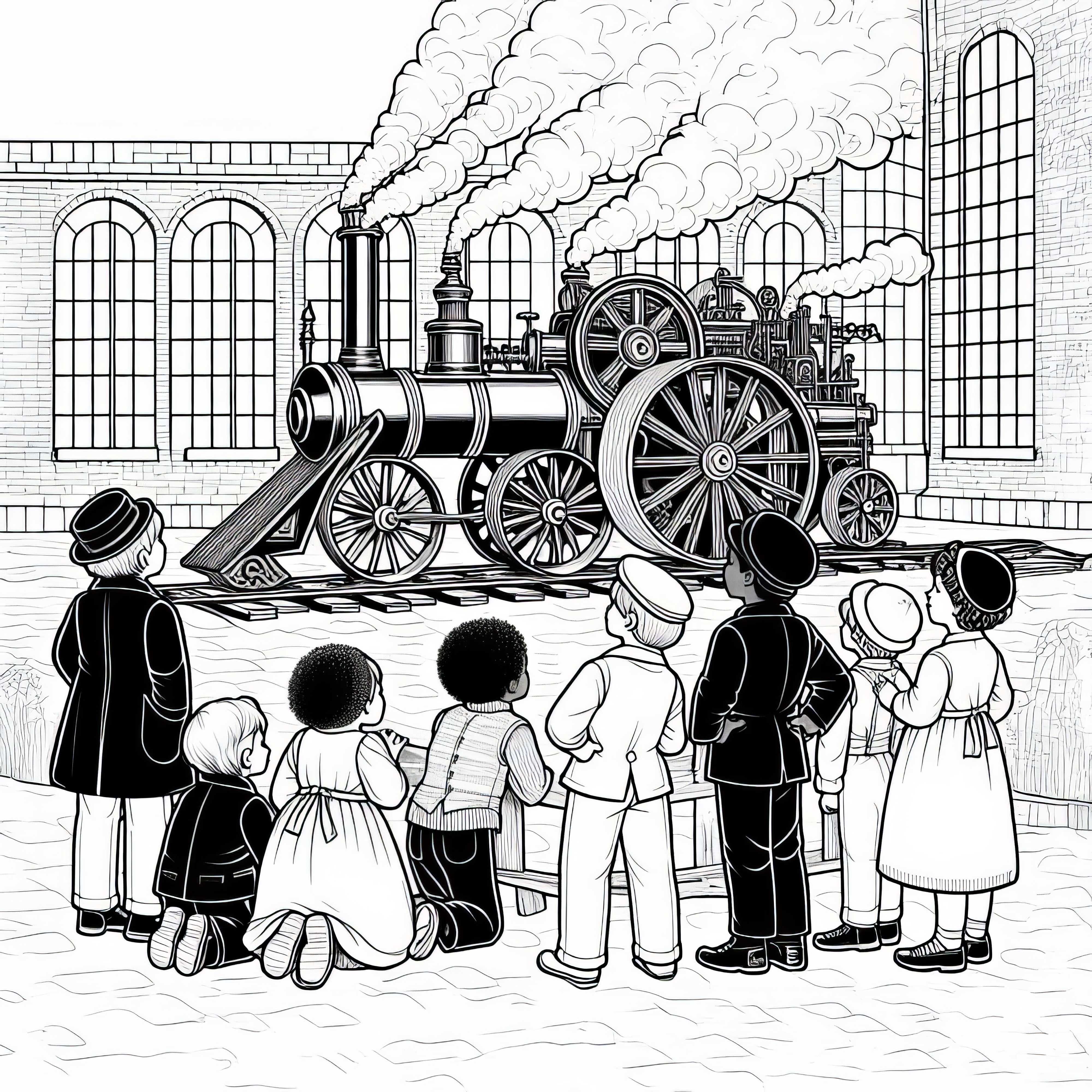 아이들이 큰 바퀴가 있는 증기 기관을 관찰합니다: 무료 색칠 그림 산업 혁명