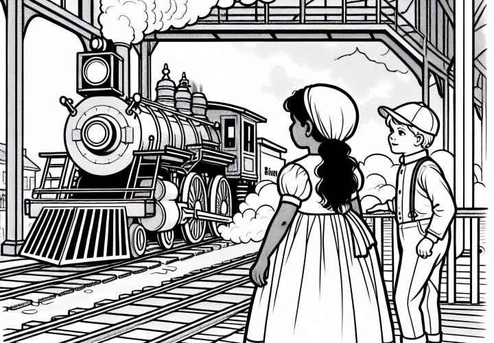 To barn står på perrongen og beundrer en dampende lokomotiv – fargeleggingsark om den industrielle revolusjon gratis