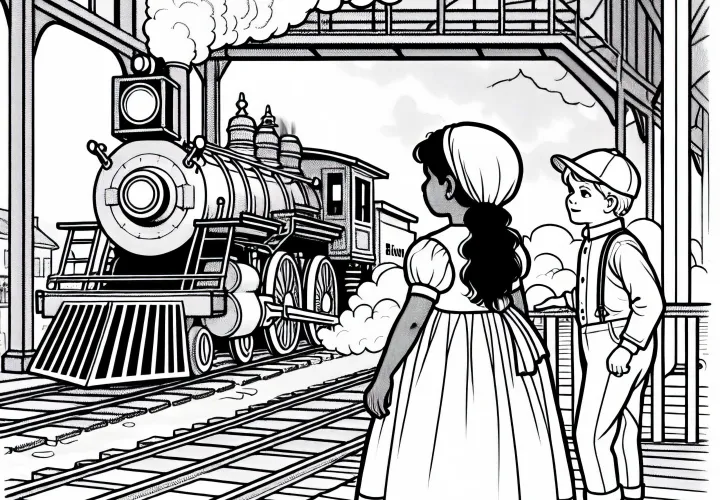 Два ребенка стоят на платформе и восхищаются паровозом – раскраска Промышленная революция бесплатно