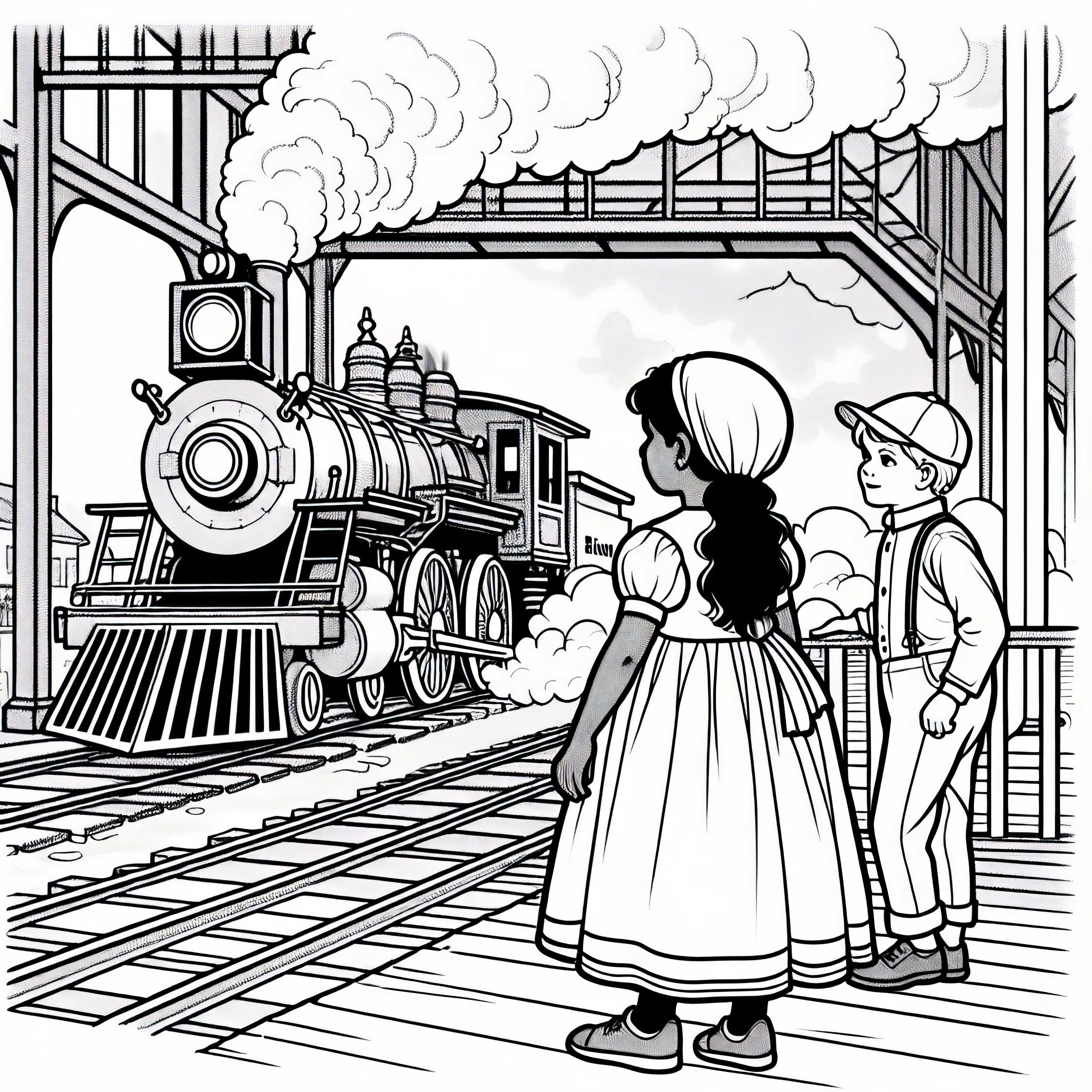 Zwei Kinder stehen am Bahnsteig und bestaunen eine dampfende Lokomotive &ndash; Malvorlage Industrielle Revolution gratis