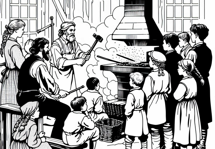 Barn ser smeden jobbe i verkstedet – Malebilde Industriell Revolusjon gratis