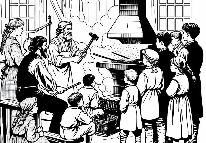 Дети смотрят на кузнеца за работой в мастерской – Раскраска Промышленной революции бесплатно