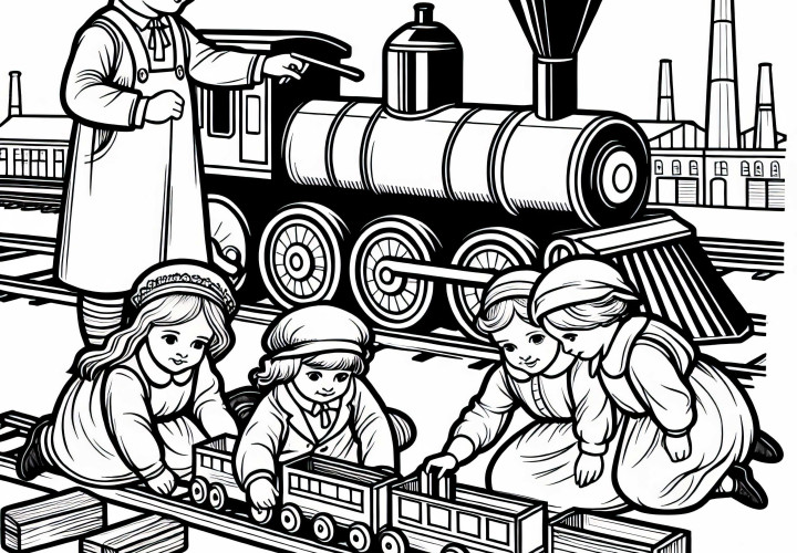 Barn leker med en tremodell av en jernbane – Gratis fargeleggingsmal for den industrielle revolusjon