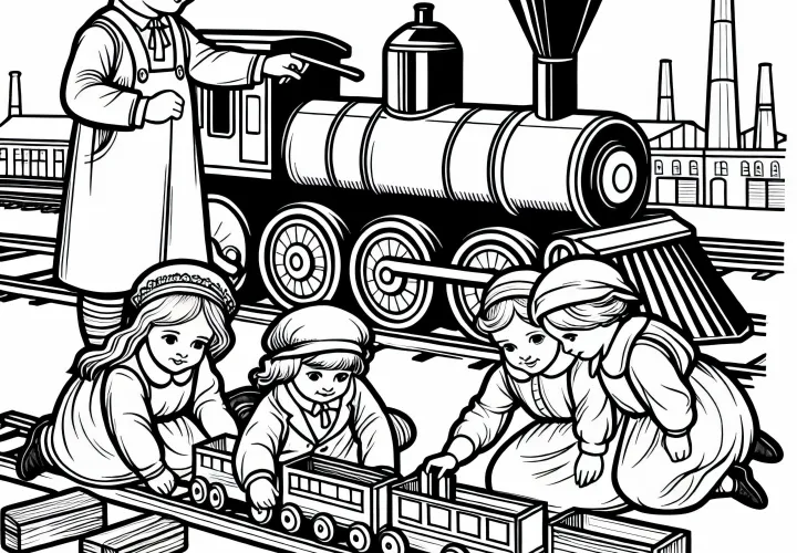 Дети играют с деревянной моделью поезда – бесплатная раскраска на тему промышленной революции