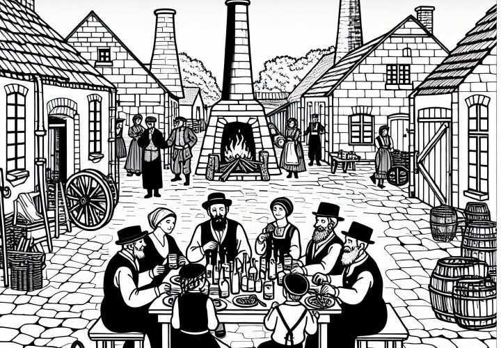 Familien spiser sammen i gården til et arbeiderboligområde Fargeleggingsbilde Industriell revolusjon gratis