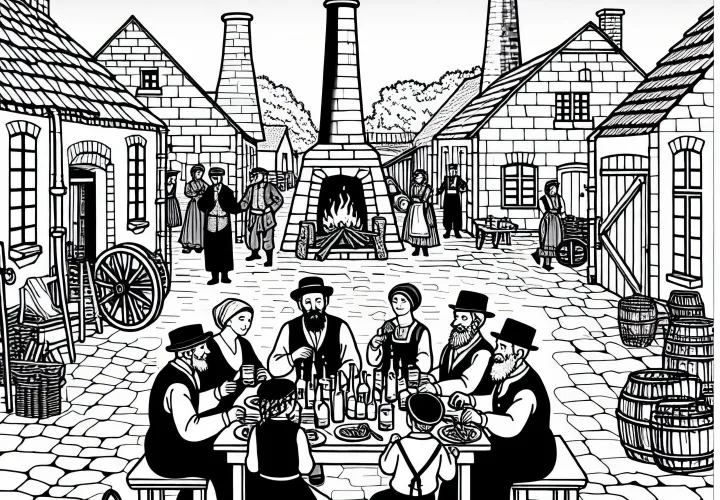 Семья ест вместе во дворе рабочей колонии. Раскраска на тему промышленной революции бесплатно