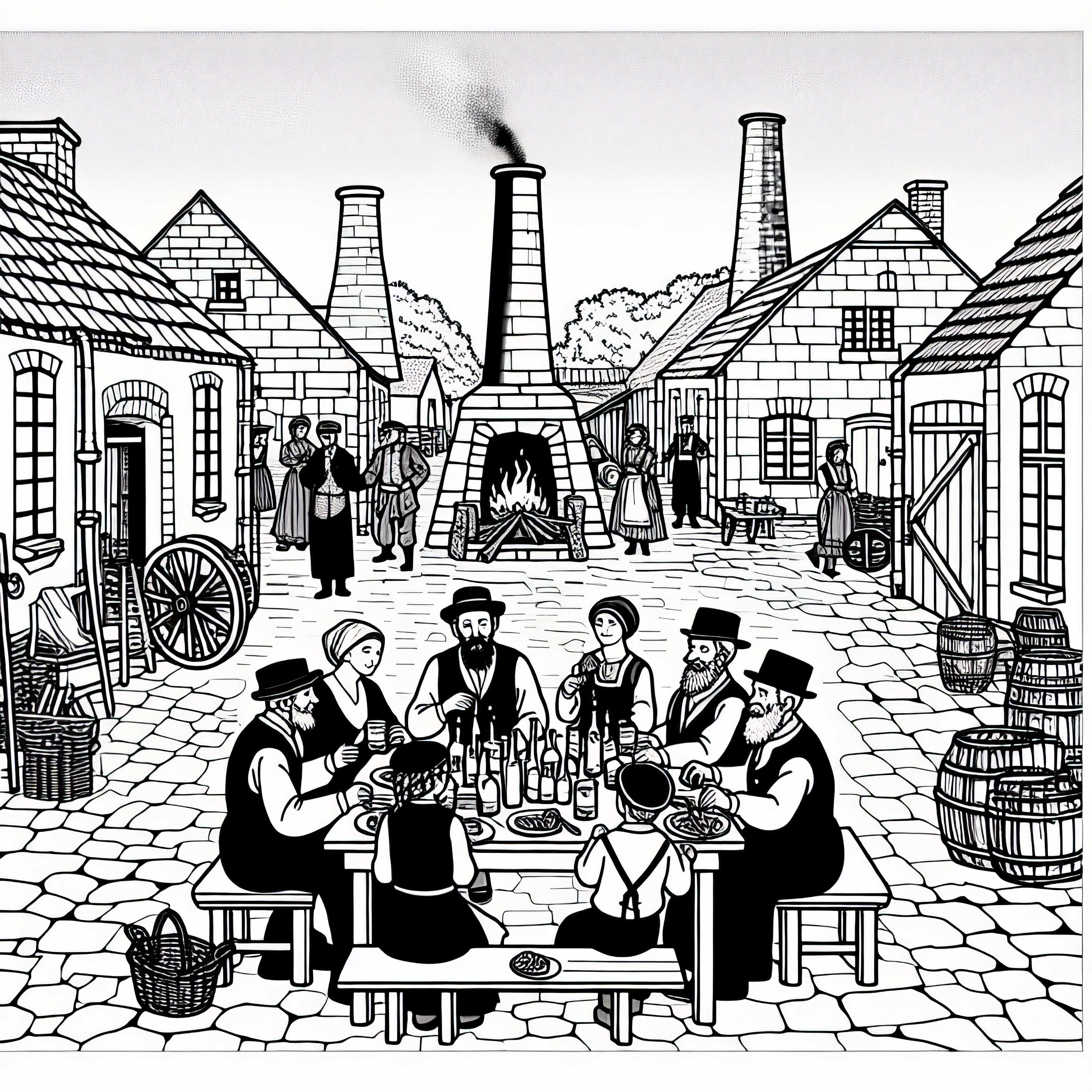 Familien spiser sammen i g&aring;rden til en arbeidersbolig Malebilde Industriell revolusjon gratis