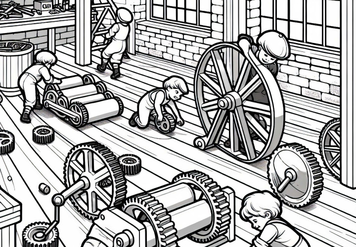 Barn ruller små tannhjul over tregulvet i verkstedet – Fargeleggingsmal for den industrielle revolusjon gratis