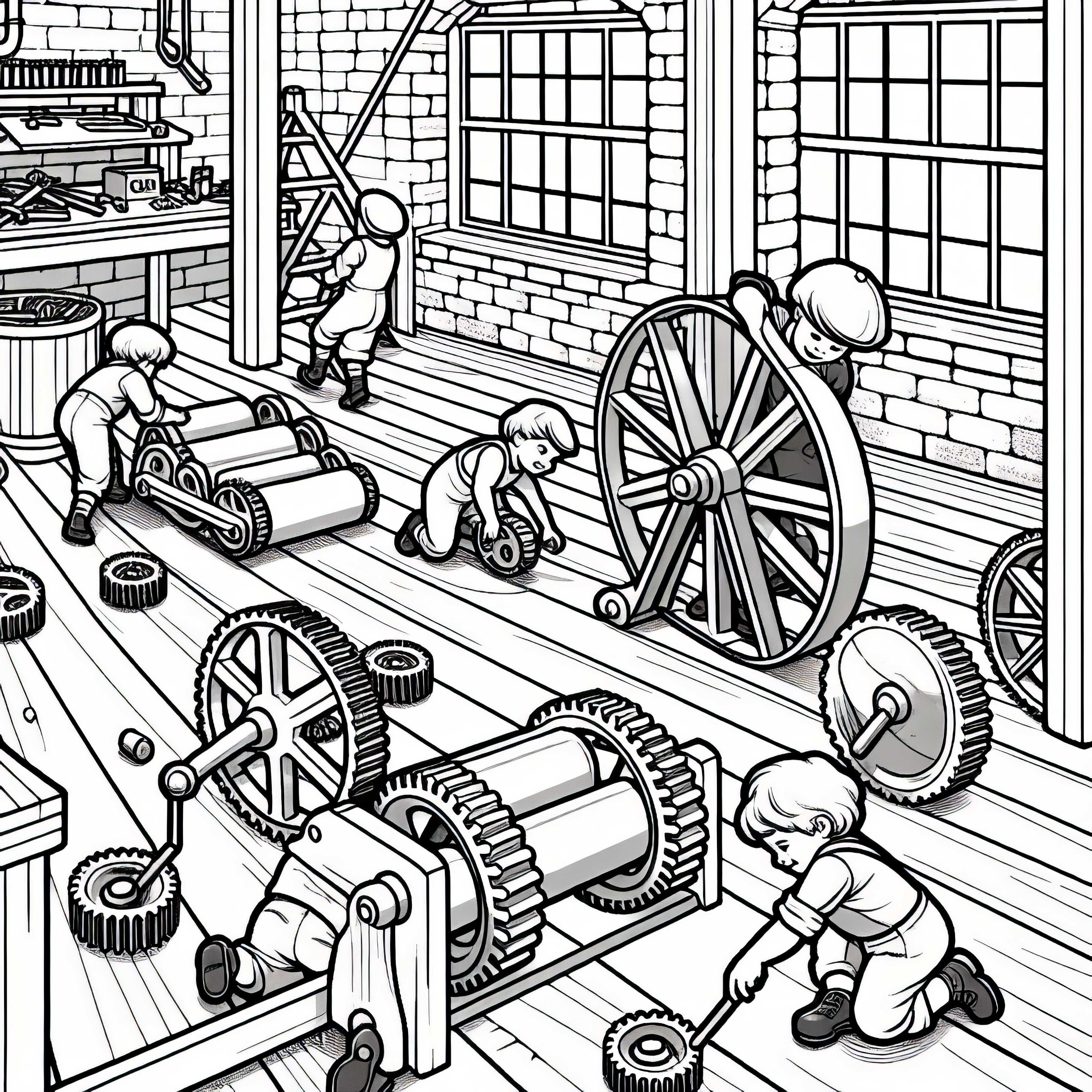 Otroci valijo majhne zobnike po leseni podlagi v delavnici - brezplačna slikalna predloga Industrijske revolucije