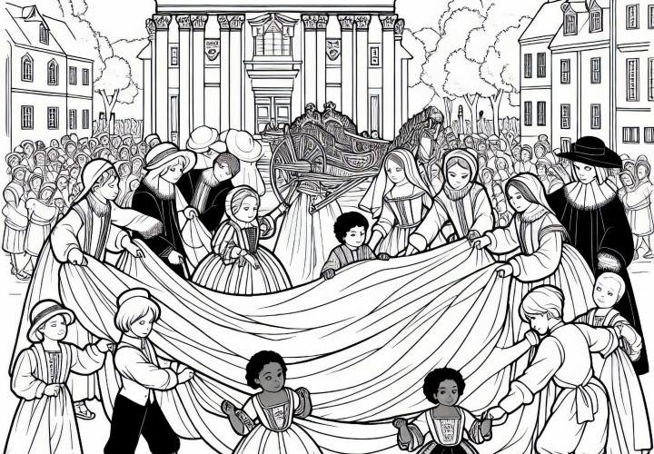 I bambini aiutano a trasportare i tessuti per un grande vestito da festa - Disegno da colorare del periodo barocco gratis