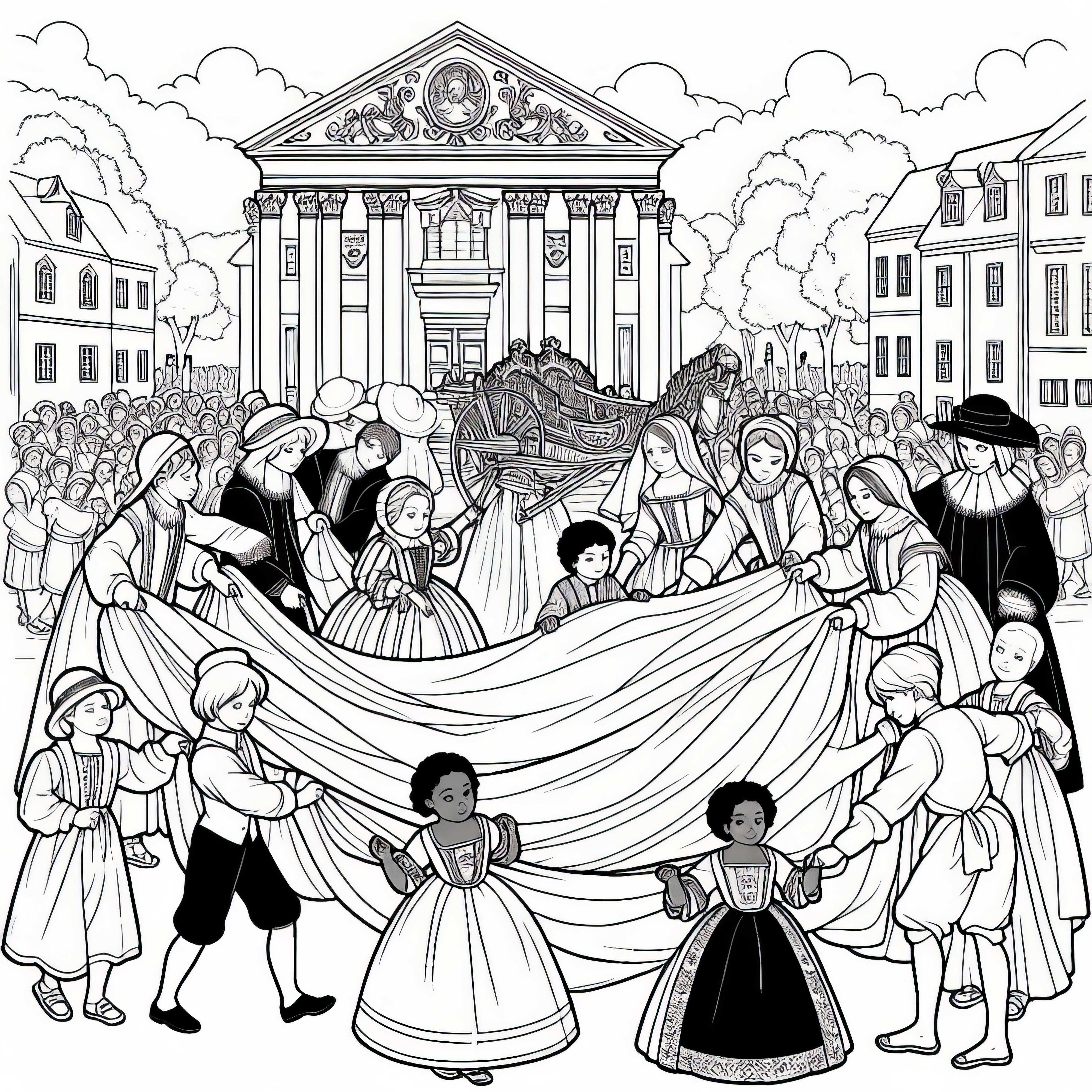 I bambini aiutano a trasportare i tessuti per un grande abito da festa – Disegno da colorare dell'epoca barocca gratuito I bambini aiutano a portare i tessuti per un grande vestito da festa - Immagine da colorare epoca barocca gratis