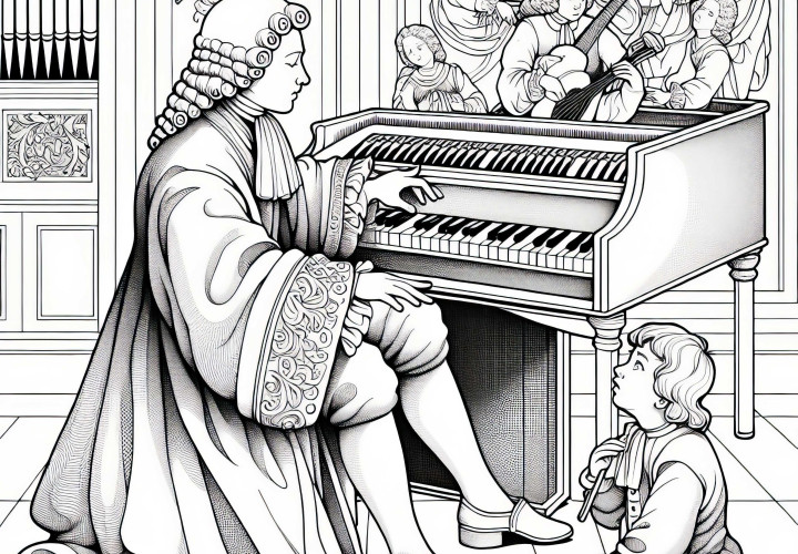 Bambino ascolta il musicista che suona il clavicembalo – Modello da colorare periodo barocco gratuito