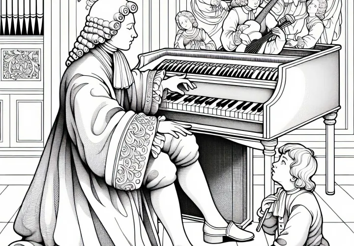 Barn lytter til musiker som spiller cembalo – gratis tegneserie fra barokkens tid