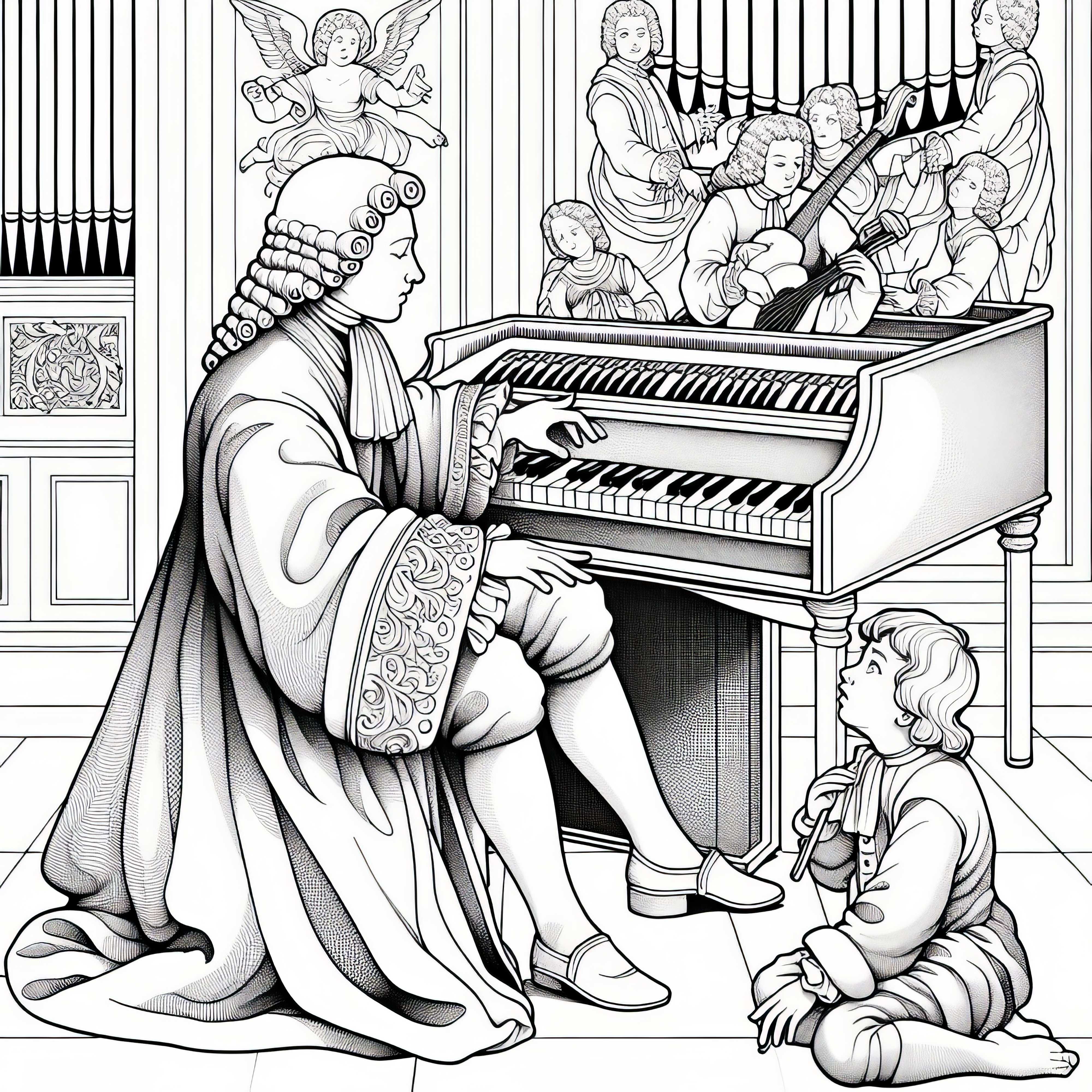 Bambino ascolta il musicista che suona il clavicembalo – modello da colorare Epoca Barocca gratuito Bambino ascolta il musicista che suona il clavicembalo – Modello da colorare del periodo barocco gratuito