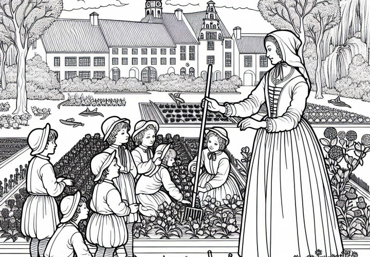 Giardiniera mostra ai bambini come si cura un giardino barocco – Disegno da colorare dell'epoca barocca gratuito