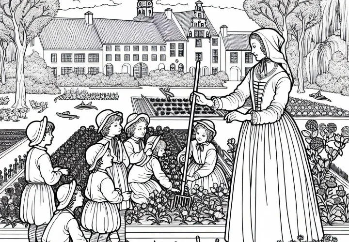 Hagearbeider viser barna hvordan en barokk hage blir pleid – Gratis fargeleggingstegning fra barokkens tid