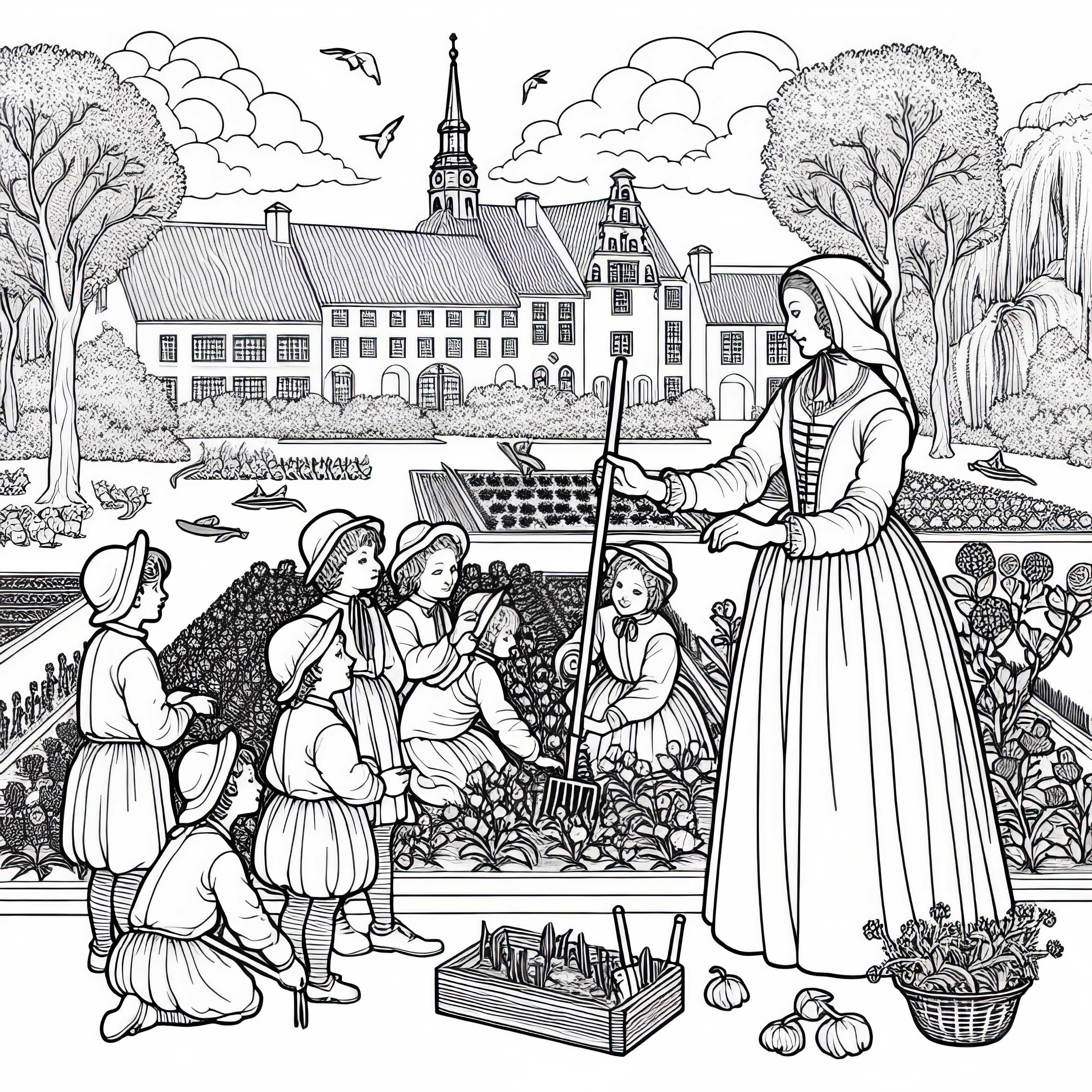Giardiniera mostra ai bambini come prendersi cura di un giardino barocco - Immagine da colorare dell'epoca barocca gratis Giardiniera mostra ai bambini come si cura un giardino barocco – Disegno da colorare dell'epoca barocca gratuito