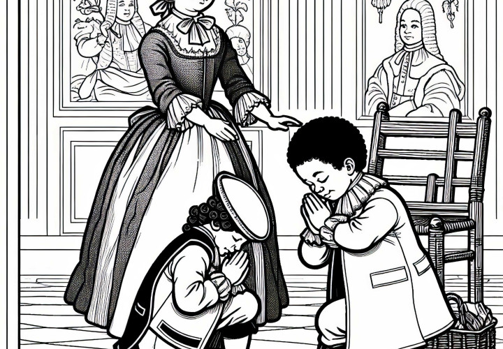 Due bambini praticano il inchinamento cortese con l'aiuto di una governante Disegno da colorare Epoca barocca gratuito