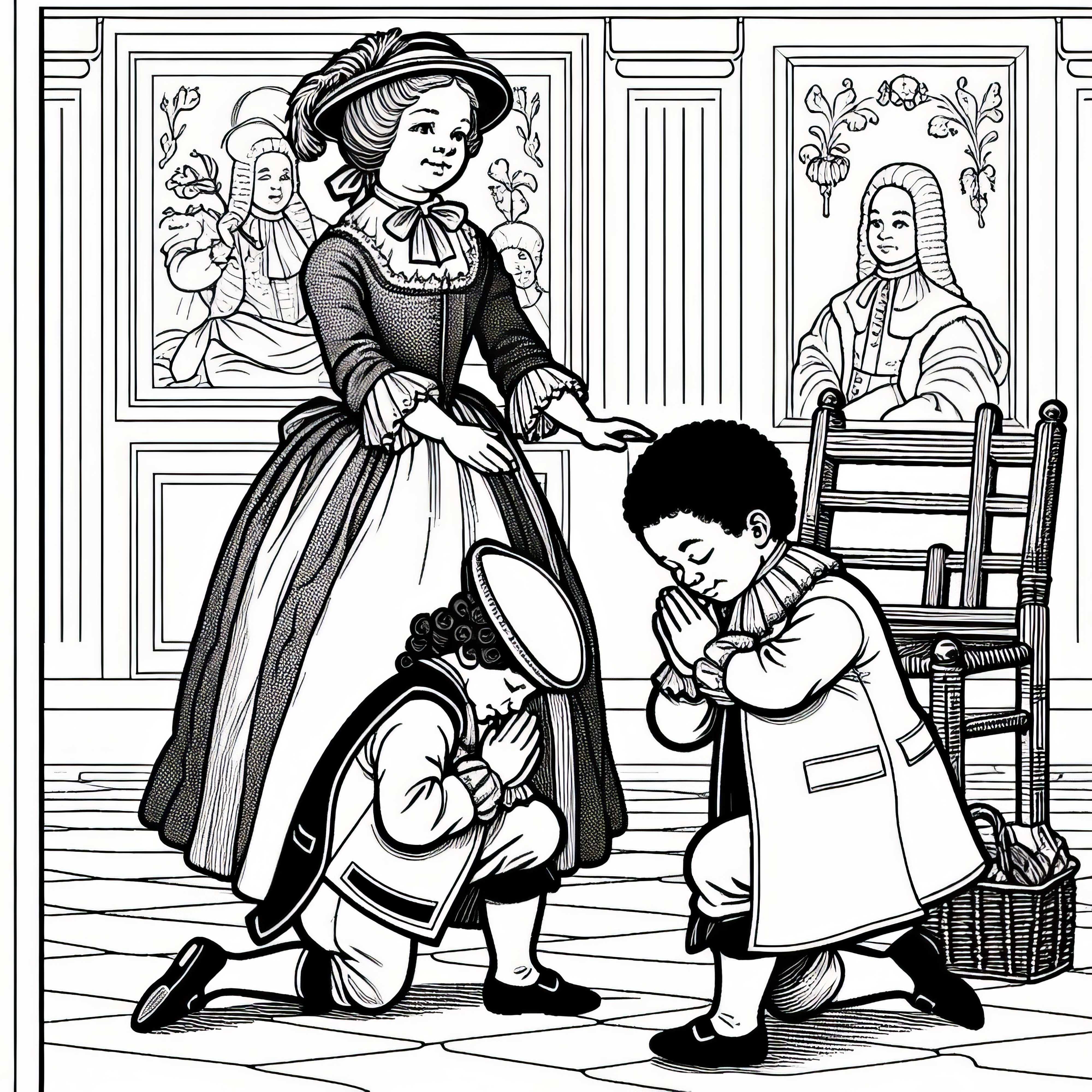 Due bambini praticano il riverente cortese con l'aiuto di una governante. Immagine da colorare periodo barocco gratuita Due bambini praticano il riverimento cortese con l'aiuto di una governante. Illustrazione da colorare del periodo barocco, gratuita
