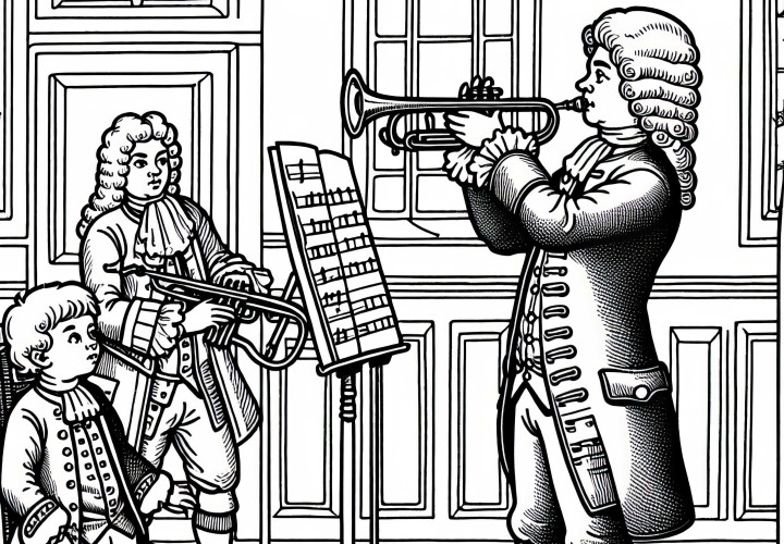 Ragazzo guarda un trombettista durante una prova - Modello da colorare epoca barocca gratuito