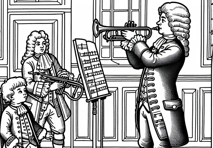 Gutt ser på en trompetspiller under øvelse – fargeleggingsark fra barokken gratis