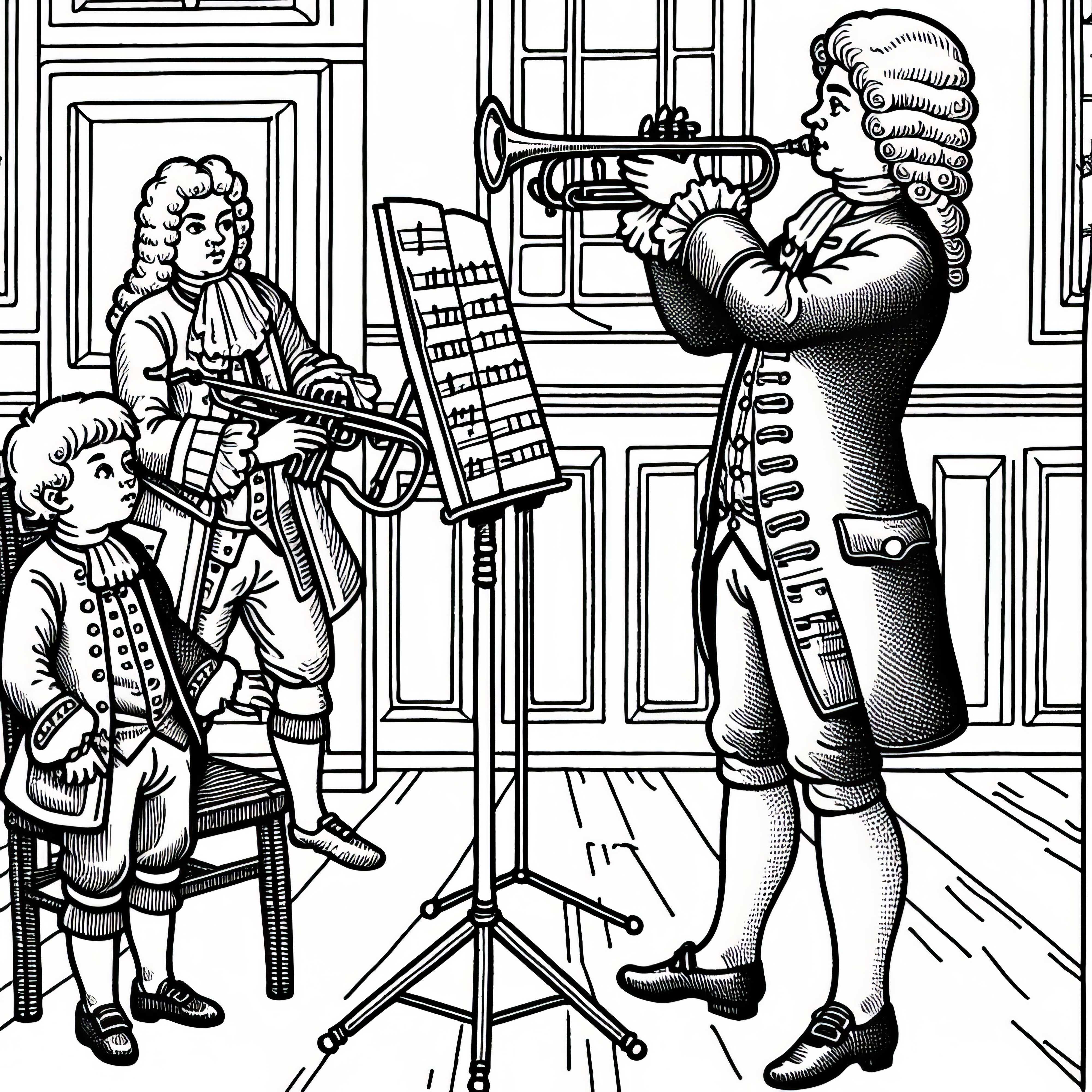 Ragazzo osserva un trombettista durante la prova – Disegno da colorare gratuito del periodo barocco Ragazzo osserva un trombettista durante la prova – modello da colorare del periodo barocco gratuito