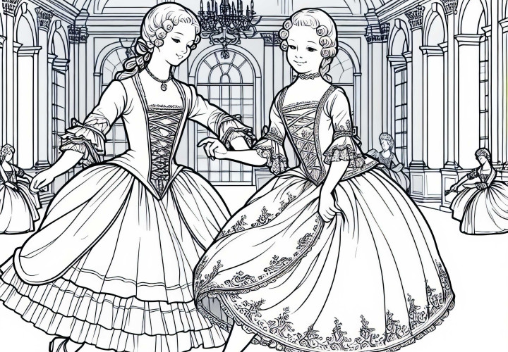 Due ragazze ballano in una grande sala - Immagine da colorare periodo barocco gratuita