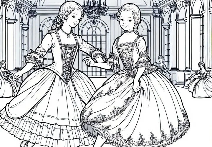 To jenter danser i et stort rom - Malebilde fra barokken gratis