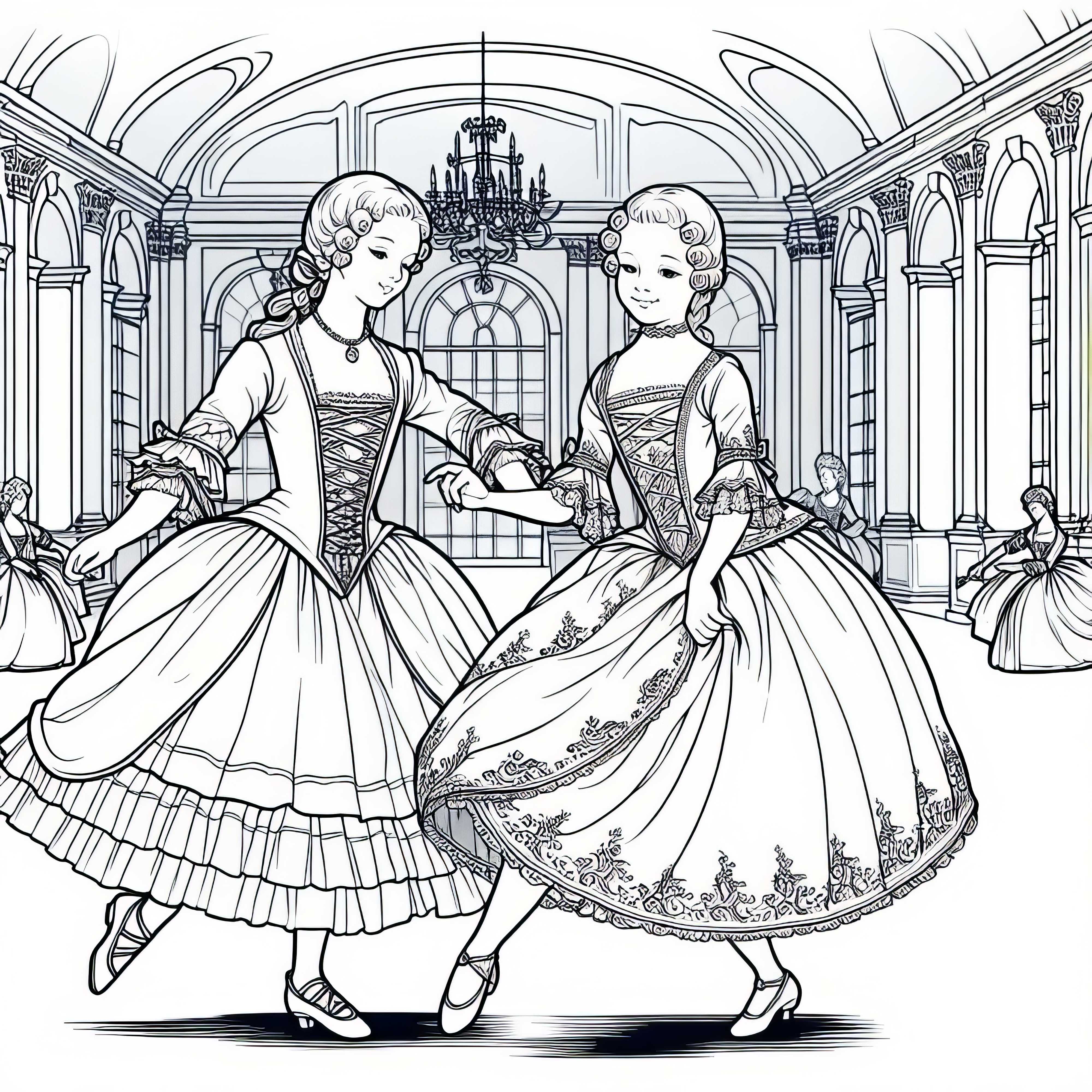 Due ragazze ballano in una grande sala &ndash; Disegno da colorare del periodo barocco gratuito