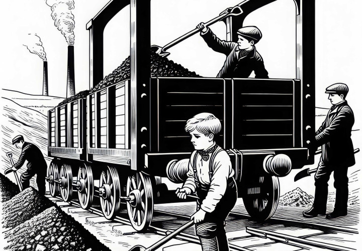 Gutt hjelper til med å laste en kullvogn Malebilde Industriell Revolusjon gratis