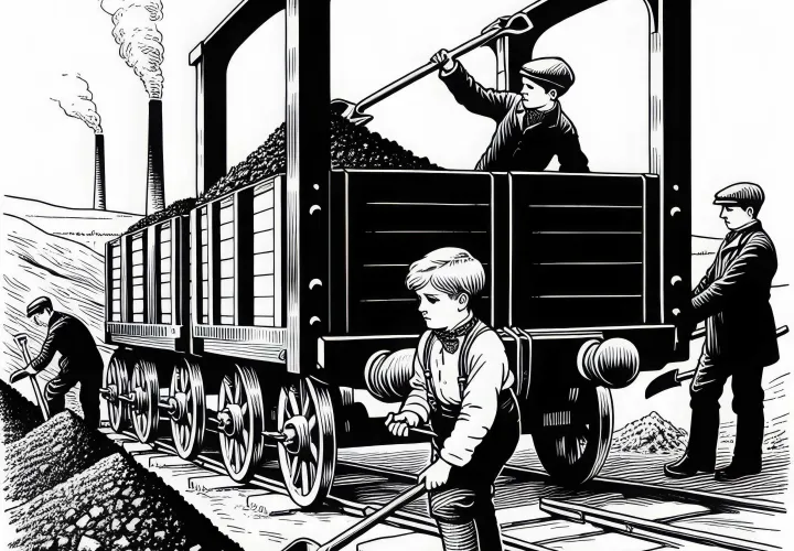 Мальчик помогает загружать угольный вагон. Раскраска Индустриальная революция бесплатно