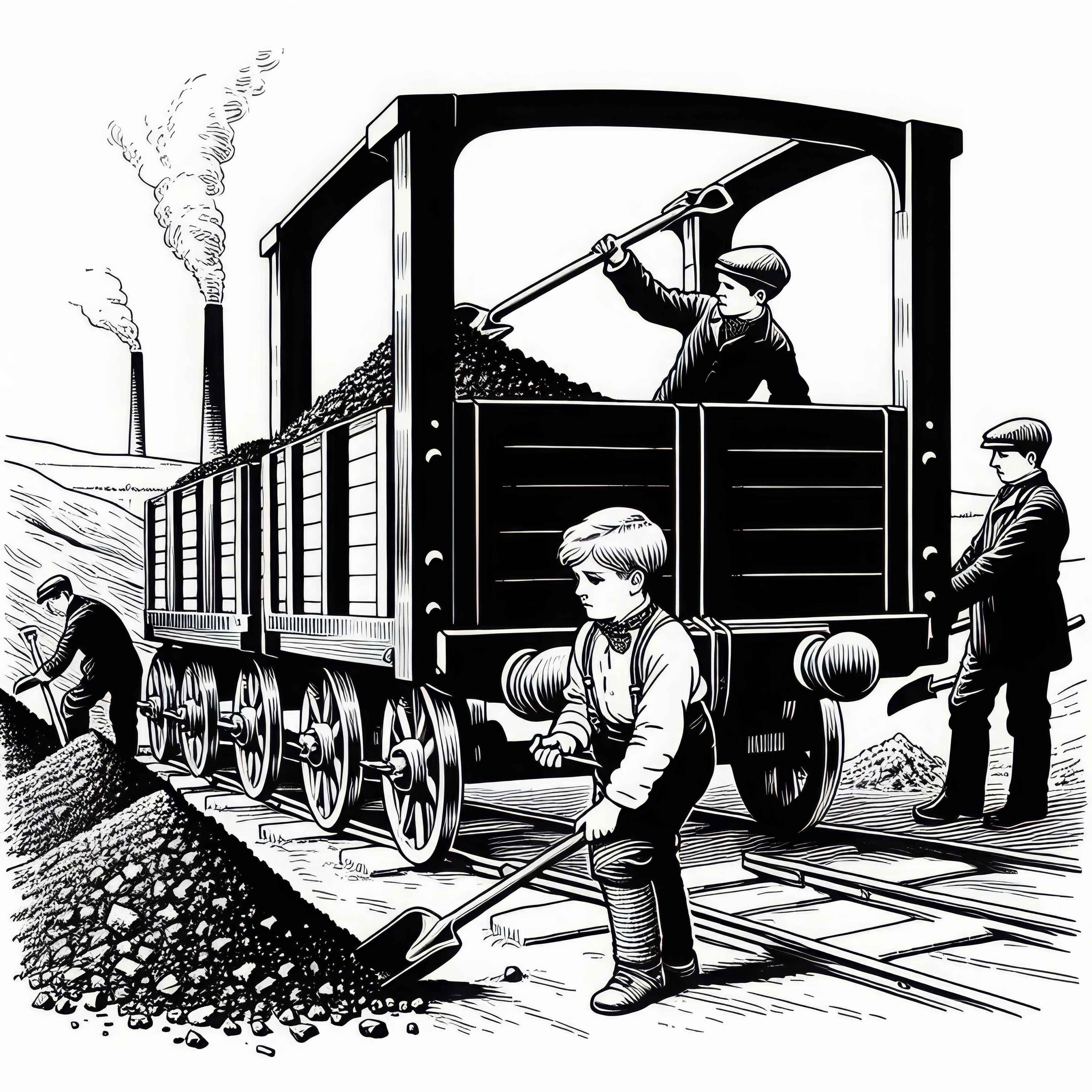 Junge hilft beim Beladen eines Kohlewaggons Ausmalbild Industrielle Revolution kostenlos