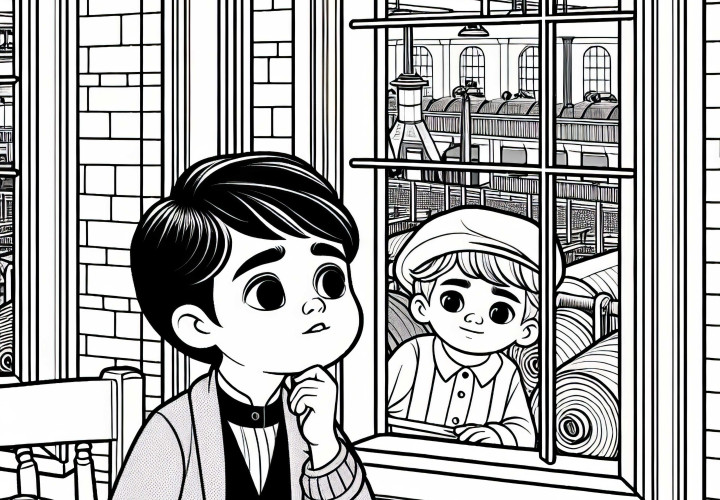 Barn ved vinduet til en tekstilfabrikk: Malebilde industriell revolusjon gratis