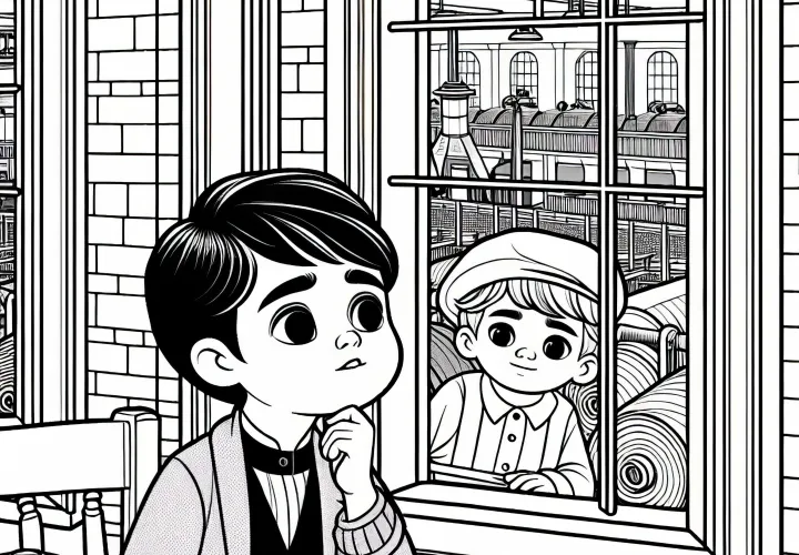 Ребёнок у окна текстильной фабрики: раскраска Промышленная революция бесплатно