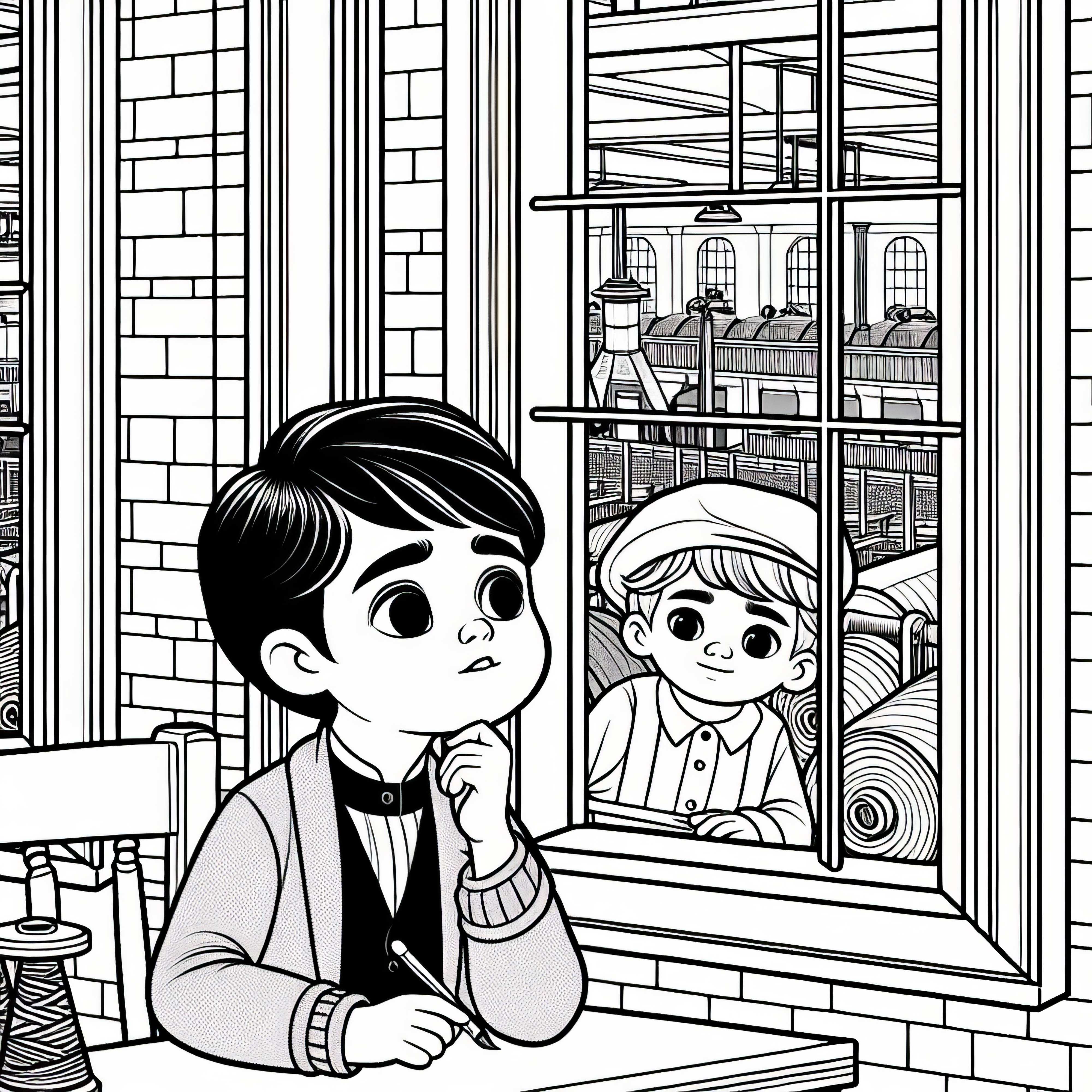 Criança diante da janela de uma fábrica têxtil: Desenho para colorir da Revolução Industrial gratuito Criança na janela de uma fábrica têxtil: desenho para colorir da Revolução Industrial gratuito