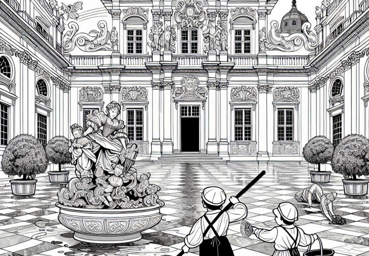 Due bambini spazzano il cortile di marmo di un magnifico castello – Disegno da colorare dell'epoca barocca gratis